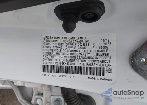 2019 Honda Civic Sport z USA, uszkodzony, nr VIN 2HGFC2F86KH574791